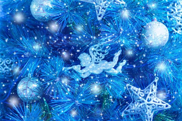 Picture of blue Christmas tree background, Christmastime fir decorations, star, bauble and angel decorated holiday spruce, happy New Year greeting card, xmas celebration, abstract wallpaper